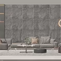 Modern Sofa And Round Coffee Table Set With Stone Wall Ambient Lighting Throw Pillows 3d model