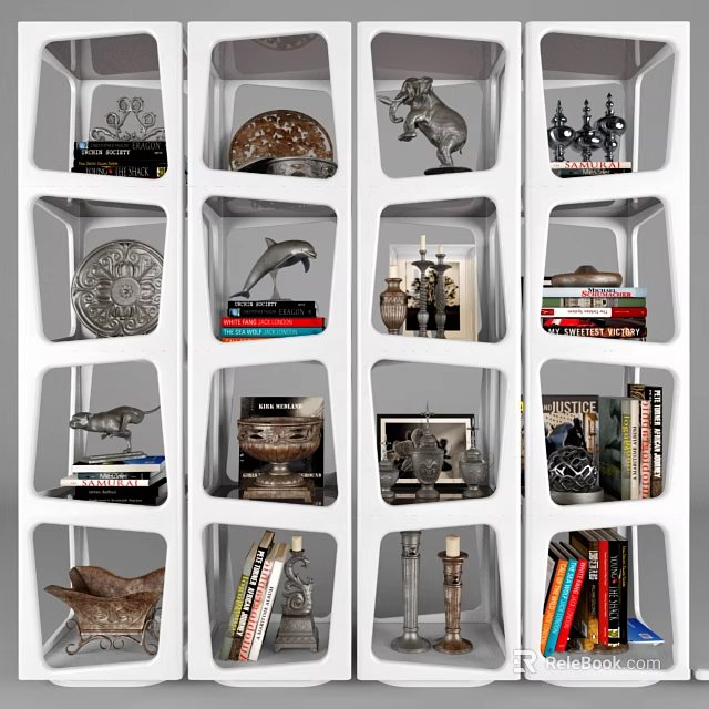 White Grid Shelves with Decorative Sculptures Books and Art Pieces on 3d model 