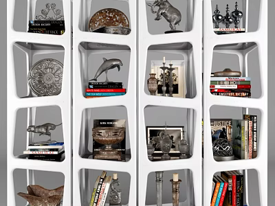 White Grid Shelves with Decorative Sculptures Books and Art Pieces on 3d model