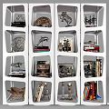White Grid Shelves with Decorative Sculptures Books and Art Pieces on