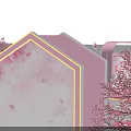 Pink Themed Photo Check In Spot With Cherry Blossom Tree And Pink Cottages