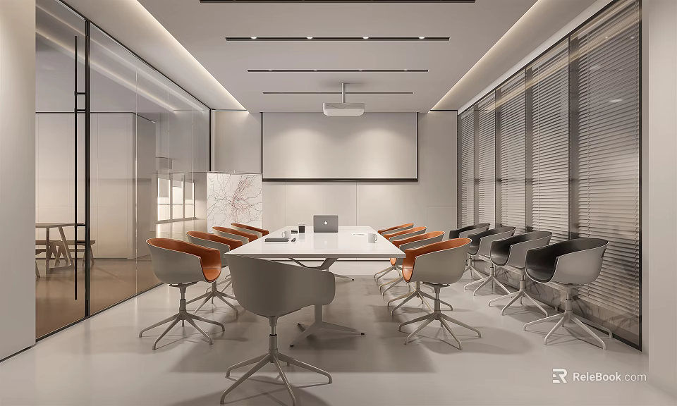 Modern Conference Room Interior With Rectangular Table Ergonomic Chairs And Projector Screen 3d model 