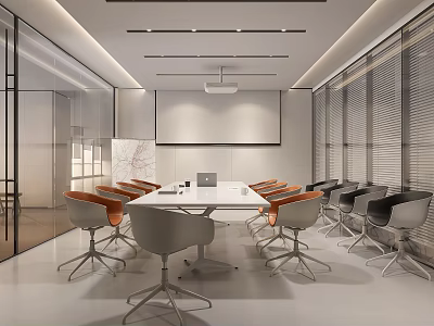 Modern Conference Room Interior With Rectangular Table Ergonomic Chairs And Projector Screen 3d model
