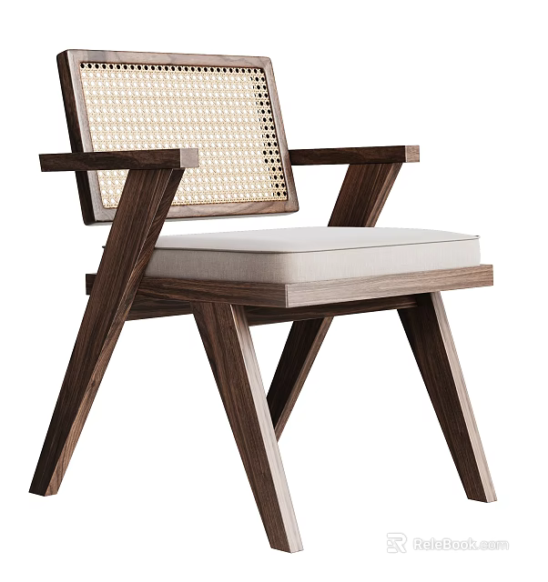 Modern Walnut Wood Dining Chair With Woven Rattan Backrest And Padded Seat Cushion 3d model 