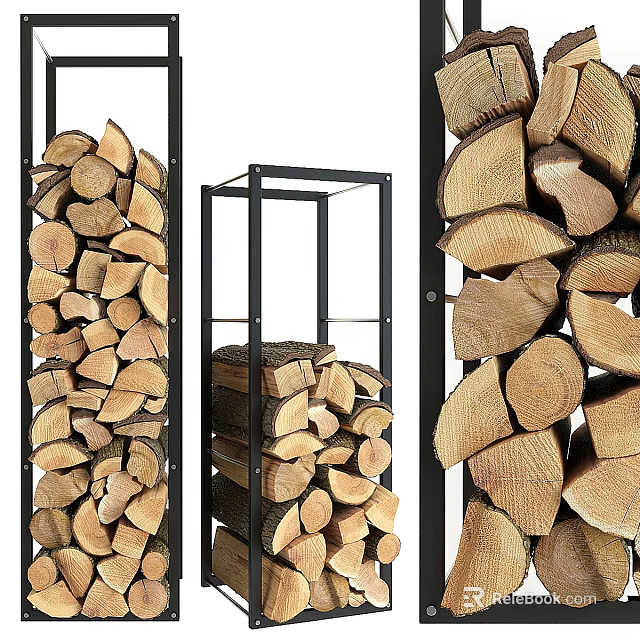 Stylish Fireplace Firewood Storage With Stacked Logs And Black Metal Racks 3d model 