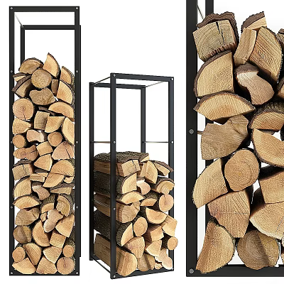 Stylish Fireplace Firewood Storage With Stacked Logs And Black Metal Racks 3d model