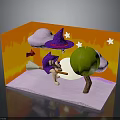 Colorful 3D Diorama Scene With Witch On Broomstick Green Tree Clouds And Stars