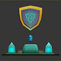 Fantasy Landscape Featuring Blue Clover Shield And Four Spire Structures On Reflective Base