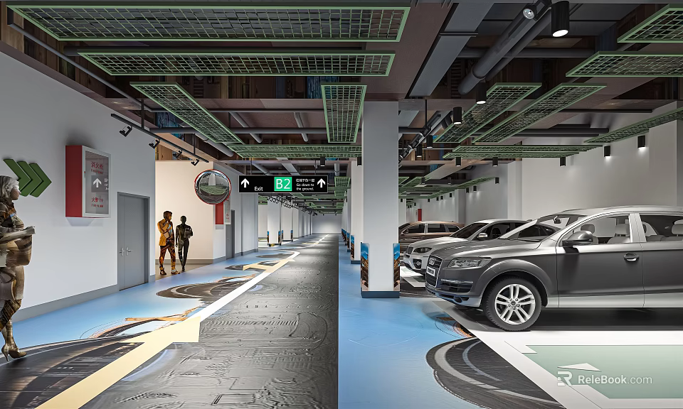 Modern Parking Garage Interior With Parked Cars Lane Markings And Directional Signage 3d model 