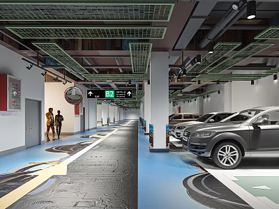 Modern Parking Garage Interior With Parked Cars Lane Markings And Directional Signage 3d model