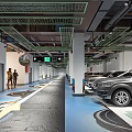 Modern Parking Garage Interior With Parked Cars Lane Markings And Directional Signage