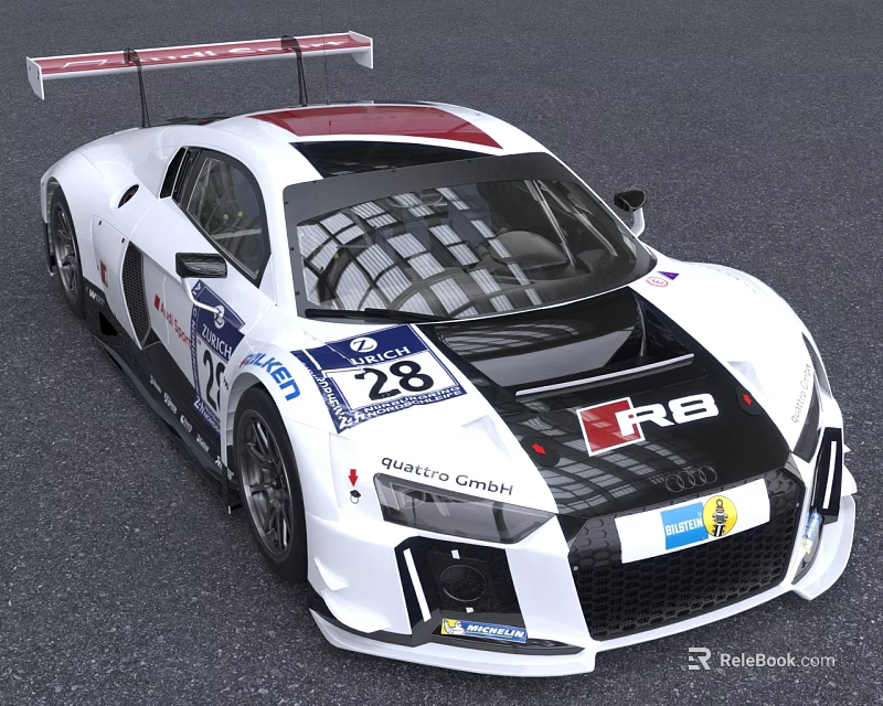 Audi R8 Race Car With White Black Livery Rear Spoiler Number 28 And Racing Team 3d model 