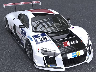Audi R8 Race Car With White Black Livery Rear Spoiler Number 28 And Racing Team 3d model