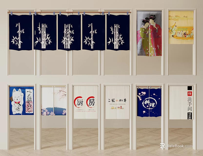 Japanese Traditional Decorative Curtains And Wall Hangings With Bamboo Kimono Cat Designs 3d model 