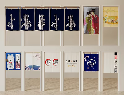 Japanese Traditional Decorative Curtains And Wall Hangings With Bamboo Kimono Cat Designs 3d model