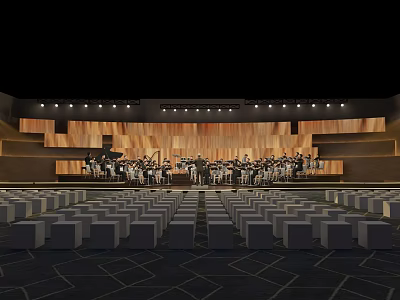 Orchestra Performance On Stage With Wooden Backdrop Bright Lighting And Arranged Seats 3d model