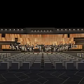 Orchestra Performance On Stage With Wooden Backdrop Bright Lighting And Arranged Seats