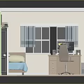 Cozy Bedroom Interior with Green Walls Bookshelf Blue Bed Desk and Window Curtains