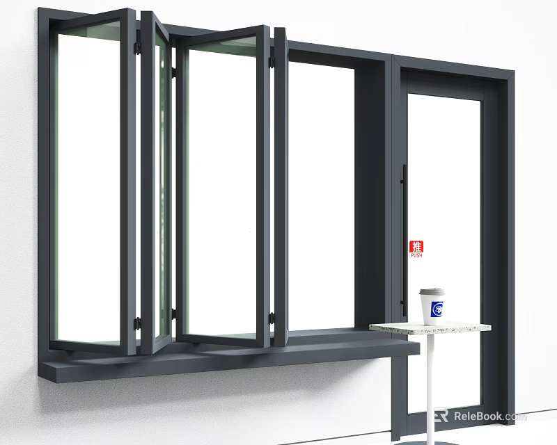 Black Frame Folding Windows With Glass Panels Near White Wall And Small Table 3d model 