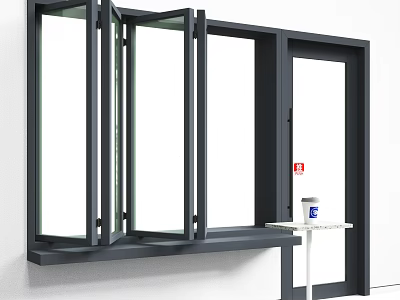 Black Frame Folding Windows With Glass Panels Near White Wall And Small Table 3d model