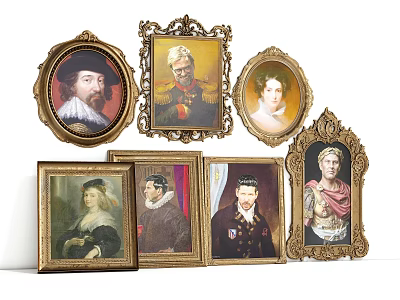Vintage Framed Portrait Paintings With Classical Figures And Golden Ornate Borders 3d model