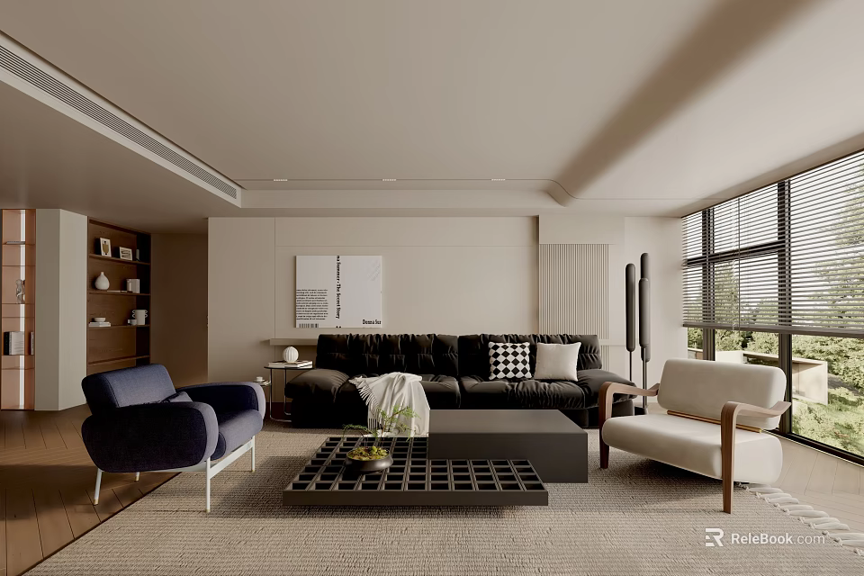 Modern Living Room Interior With Black Sofa Armchairs Coffee Table And Large Windows 3d model 