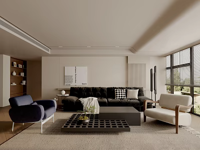 Modern Living Room Interior With Black Sofa Armchairs Coffee Table And Large Windows 3d model