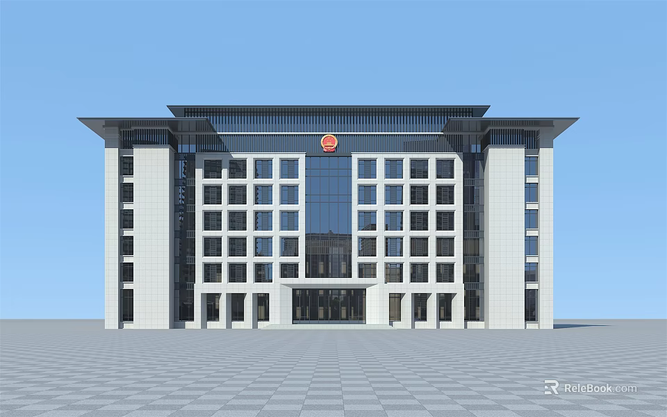 Modern Symmetrical Office Building With Glass Curtain Walls White Facade And Red Emblem 3d model 