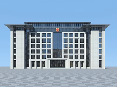 Modern Symmetrical Office Building With Glass Curtain Walls White Facade And Red Emblem 3d model