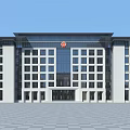 Modern Symmetrical Office Building With Glass Curtain Walls White Facade And Red Emblem