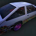 Stylish Two Door Sports Car With Colorful Floral Patterns And Pink Wheels On White Body