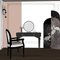 Elegant Dressing Table With Round Mirror Chair And Crane Pattern Room Divider 3d model