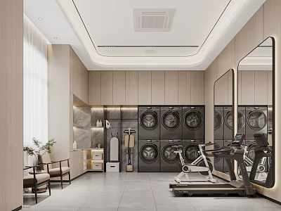 Modern Entertainment Room With Fitness Equipment Relaxation Seats Mirrored Walls And Wooden Decor 3d model