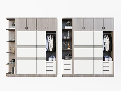 Modern Gray And White Wardrobe With Sliding Doors Hanging Rods Drawers And Shelves 3d model