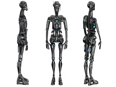 Three Different Views of Industrial Robotic Equipment with Metallic Structure and Blue Details 3d model