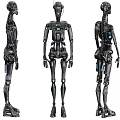 Three Different Views of Industrial Robotic Equipment with Metallic Structure and Blue Details