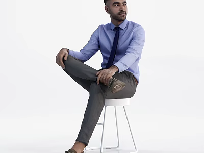 Group of people wearing blue shirts and dark ties sitting on white stools 3d model