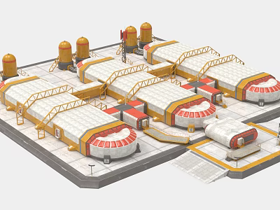 Industrial Equipment Complex Featuring Dome Shaped Buildings And Storage Towers 3d model