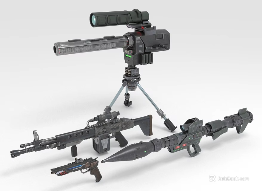 Modern Military Weapons Display With Rifles Pistols Rocket Launchers And Tripod Mounted Guns 3d model 