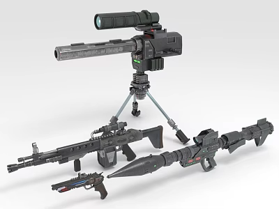 Modern Military Weapons Display With Rifles Pistols Rocket Launchers And Tripod Mounted Guns 3d model