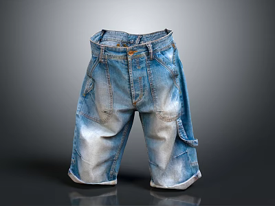 Stylish Blue Denim Shorts With Pockets Belt Gradient Color And Rolled Cuffs 3d model