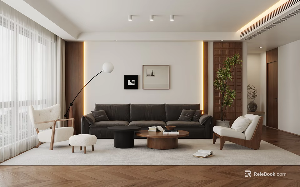 Modern Living Room Interior With Dark Gray Sofa White Chairs Herringbone Floor And Wall Art 3d model 