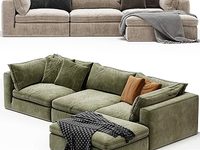 Modern Green Velvet Sectional Sofa with Comfortable Pillows and Throw Blanket 3d model