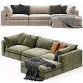 Modern Green Velvet Sectional Sofa with Comfortable Pillows and Throw Blanket