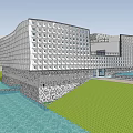 Modern Waterfront Building With White Grid Patterned Facade And Green Roof 3d model