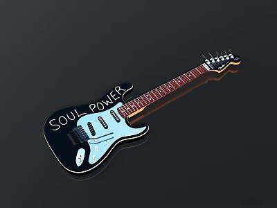 Black And Blue Electric Guitar With Soul Power Inscription For Daily Life 3d model