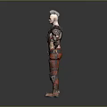 Detailed Fierce Warrior Character With Spiked Helmet Spiked Armor And Red Orange Striped Outfit