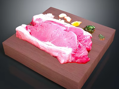 Fresh Raw Steak on Wooden Cutting Board with Garlic Cloves Lemon Slice and Herbs 3d model