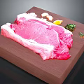 Fresh Raw Steak on Wooden Cutting Board with Garlic Cloves Lemon Slice and Herbs
