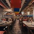 Traditional Restaurant Interior With Wooden Ceiling Chandeliers Dining Tables And Patterned Floor